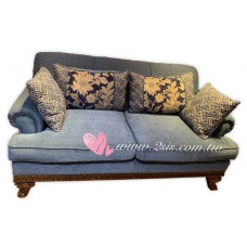 美式鄉村復古藍色布沙發-三人